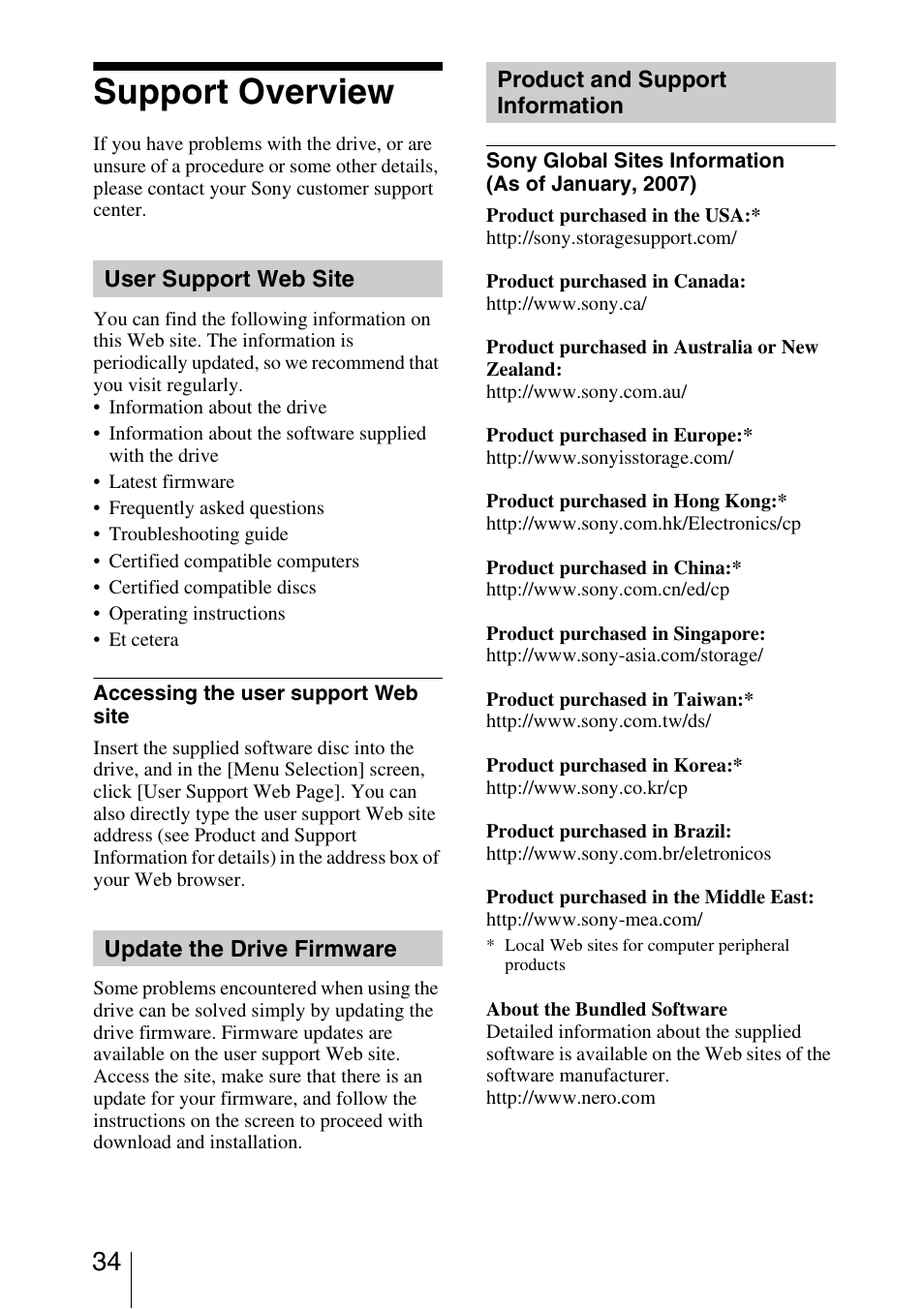 Support overview, User support web site, Update the drive firmware | Product and support information | Sony DRU-830A User Manual | Page 34 / 36