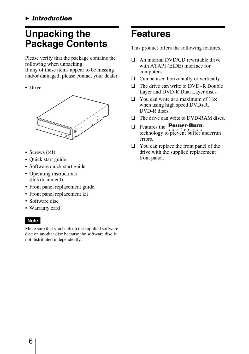 Introduction, Unpacking the package contents, Features | Sony DRU-830A User Manual | Page 6 / 36