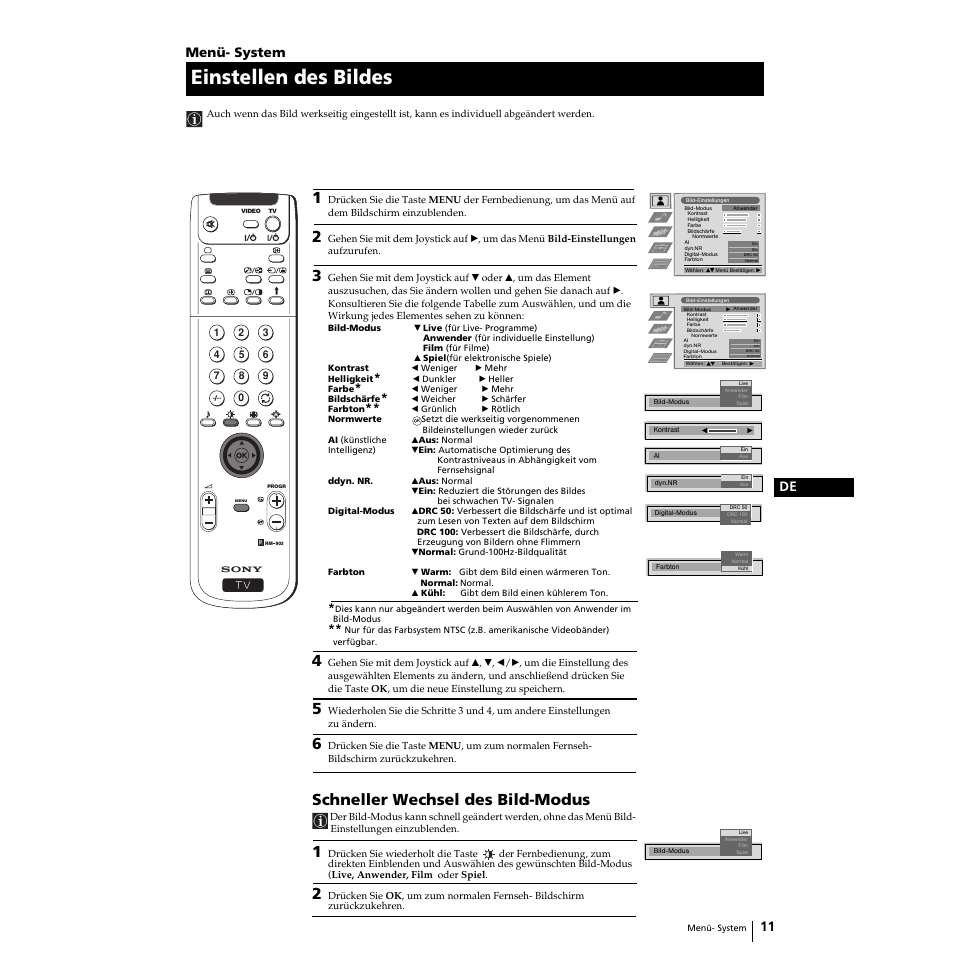 Einstellen des bildes, Schneller wechsel des bild-modus, 11 de menü- system | Sony KP-51PS2 User Manual | Page 111 / 229