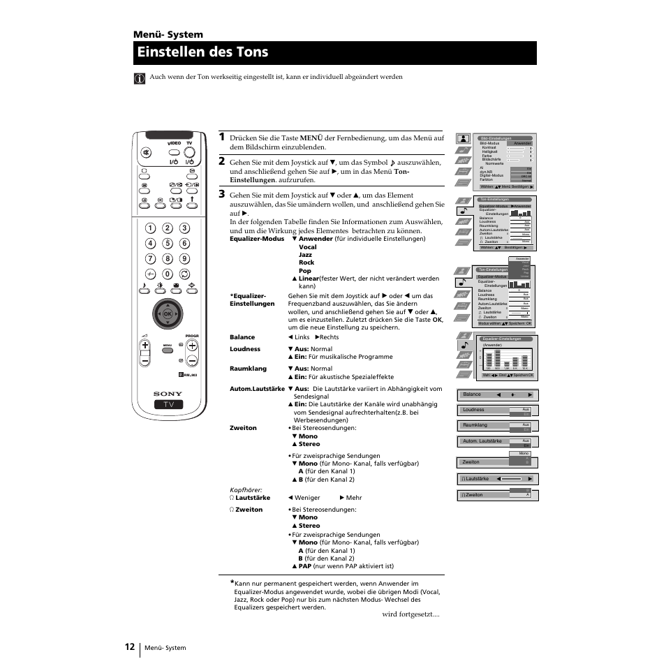 Einstellen des tons, Menü- system | Sony KP-51PS2 User Manual | Page 112 / 229