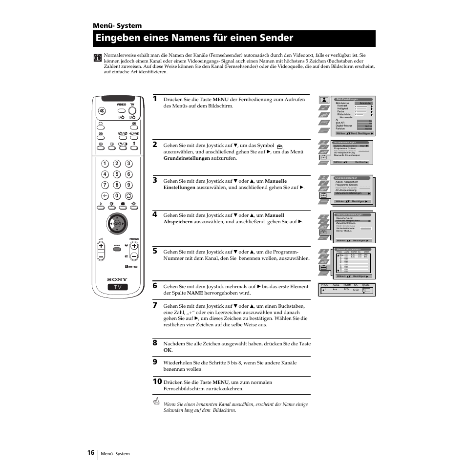 Eingeben eines namens für einen sender, Menü- system | Sony KP-51PS2 User Manual | Page 116 / 229