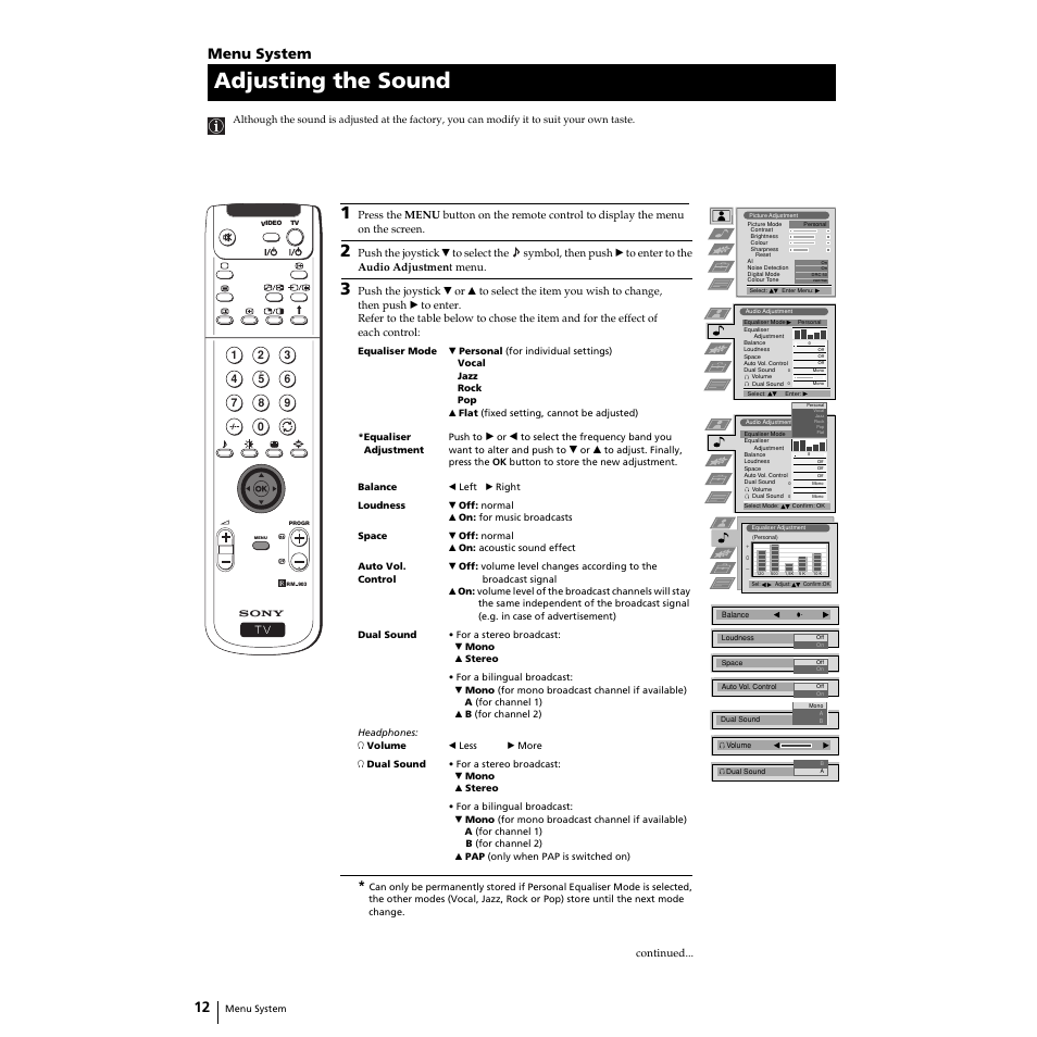 Adjusting the sound, Menu system | Sony KP-51PS2 User Manual | Page 12 / 229