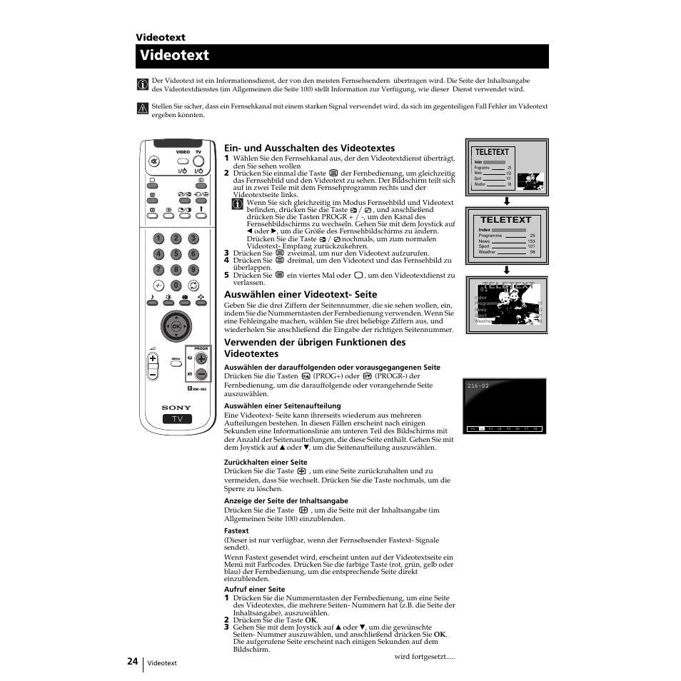 Videotext, Ein- und ausschalten des videotextes, Auswählen einer videotext- seite | Verwenden der übrigen funktionen des videotextes | Sony KP-51PS2 User Manual | Page 124 / 229