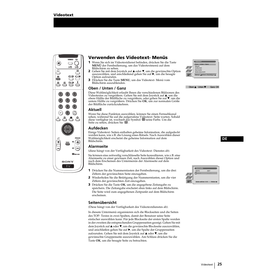 Verwenden des videotext- menüs, 25 de, Oben / unten / ganz | Aktuell, Aufdecken, Alarmseite, Seitenübersicht, Videotext | Sony KP-51PS2 User Manual | Page 125 / 229