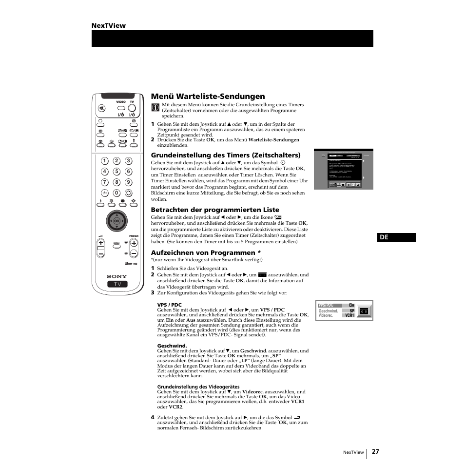 Menü warteliste-sendungen, 27 de, Grundeinstellung des timers (zeitschalters) | Betrachten der programmierten liste, Aufzeichnen von programmen, Nextview | Sony KP-51PS2 User Manual | Page 127 / 229