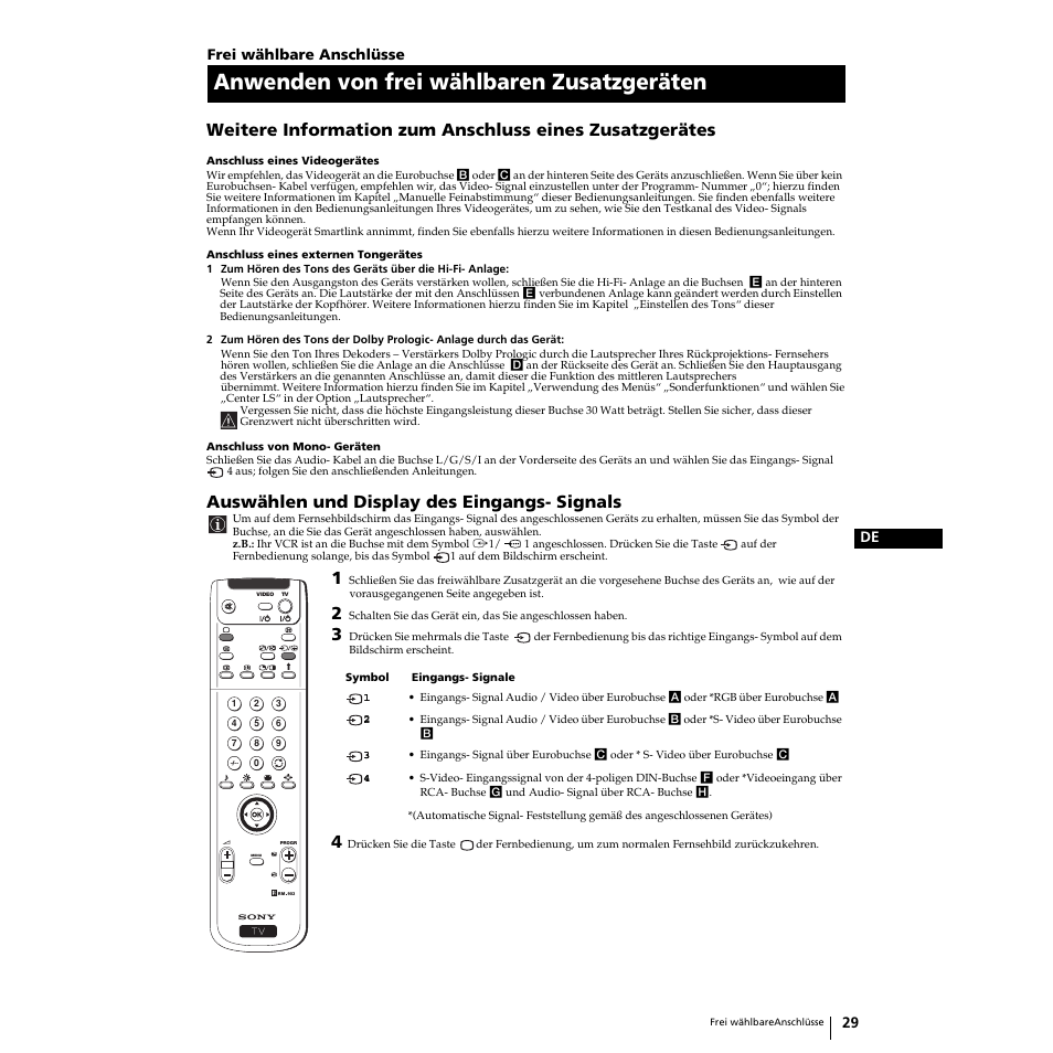 Anwenden von frei wählbaren zusatzgeräten, Auswählen und display des eingangs- signals | Sony KP-51PS2 User Manual | Page 129 / 229