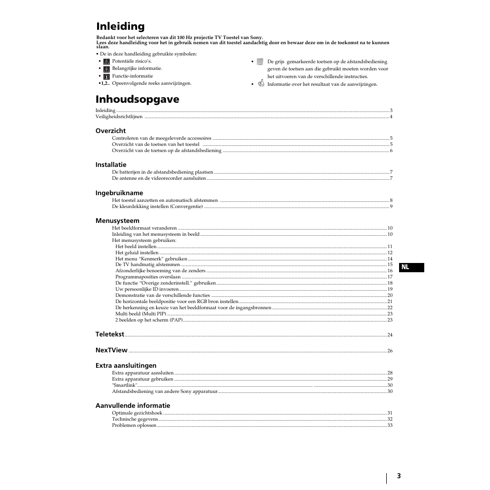 Inleiding, Inhoudsopgave | Sony KP-51PS2 User Manual | Page 135 / 229