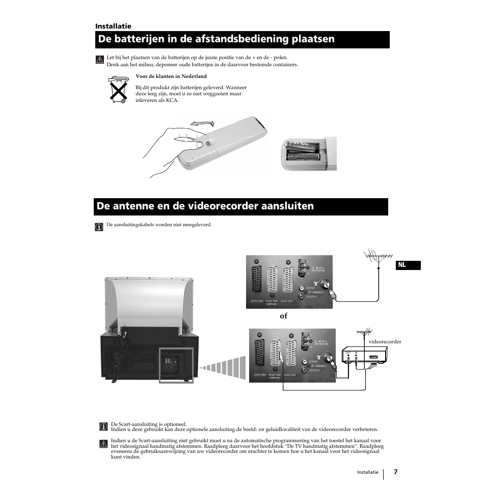 De batterijen in de afstandsbediening plaatsen, De antenne en de videorecorder aansluiten | Sony KP-51PS2 User Manual | Page 139 / 229