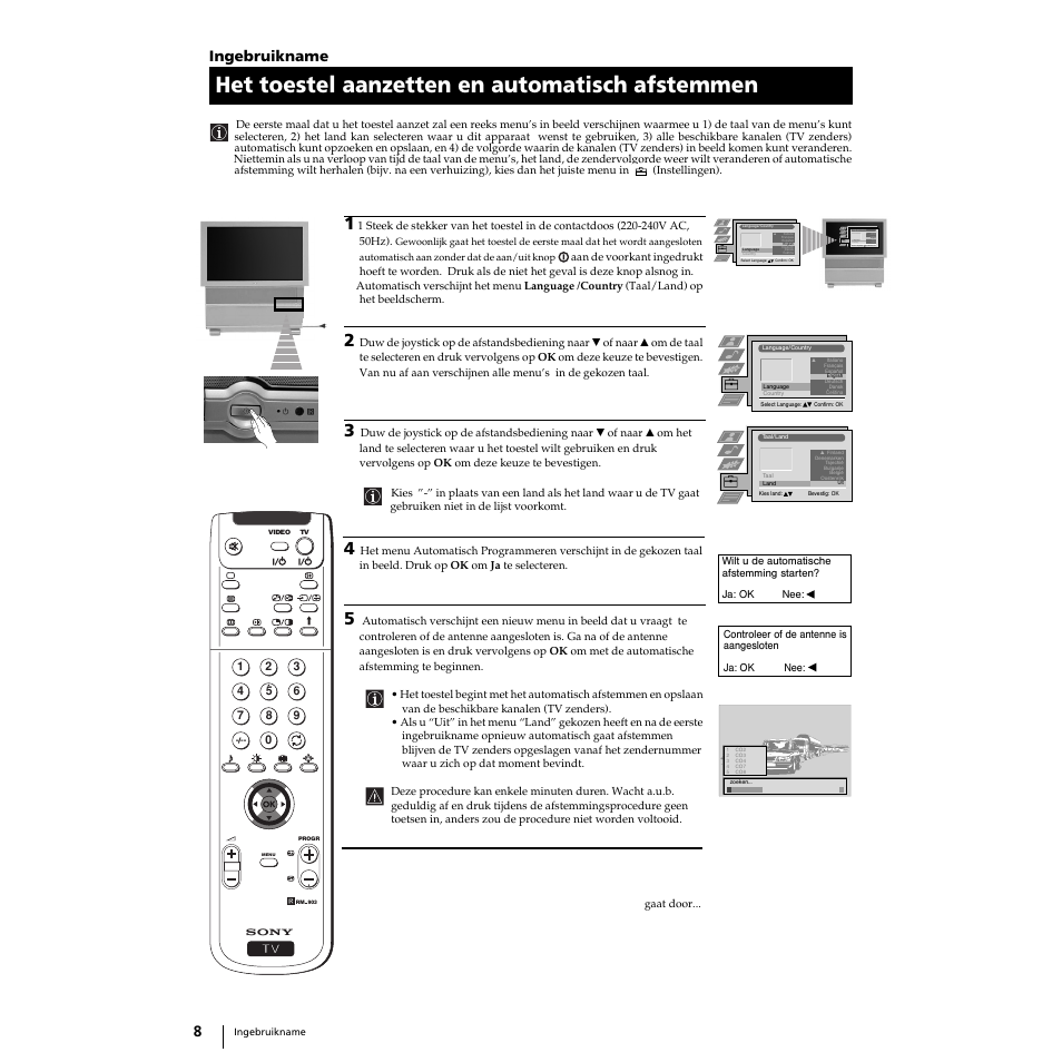 Het toestel aanzetten en automatisch afstemmen, 8ingebruikname | Sony KP-51PS2 User Manual | Page 140 / 229