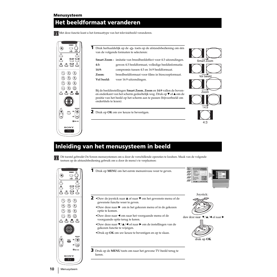 Het beeldformaat veranderen, Inleiding van het menusysteem in beeld, Menusysteem | Sony KP-51PS2 User Manual | Page 142 / 229