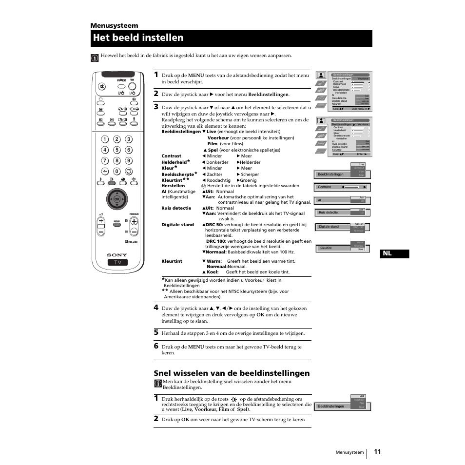 Het beeld instellen, Snel wisselen van de beeldinstellingen, 11 nl | Menusysteem | Sony KP-51PS2 User Manual | Page 143 / 229