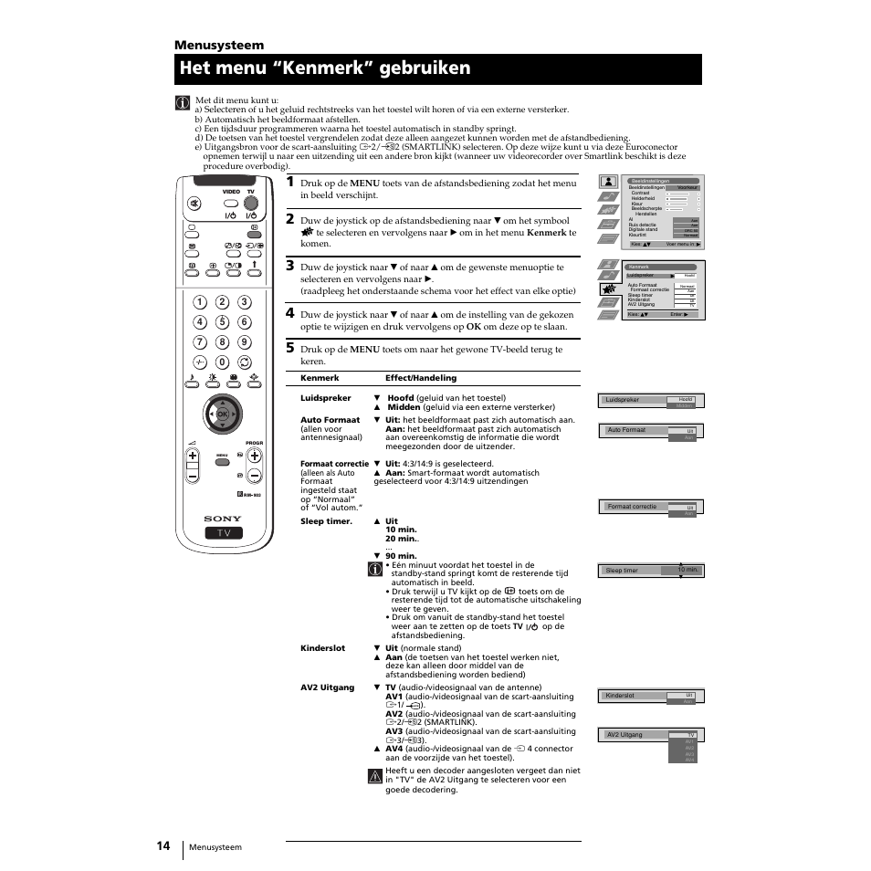 Het menu “kenmerk” gebruiken, Menusysteem | Sony KP-51PS2 User Manual | Page 146 / 229