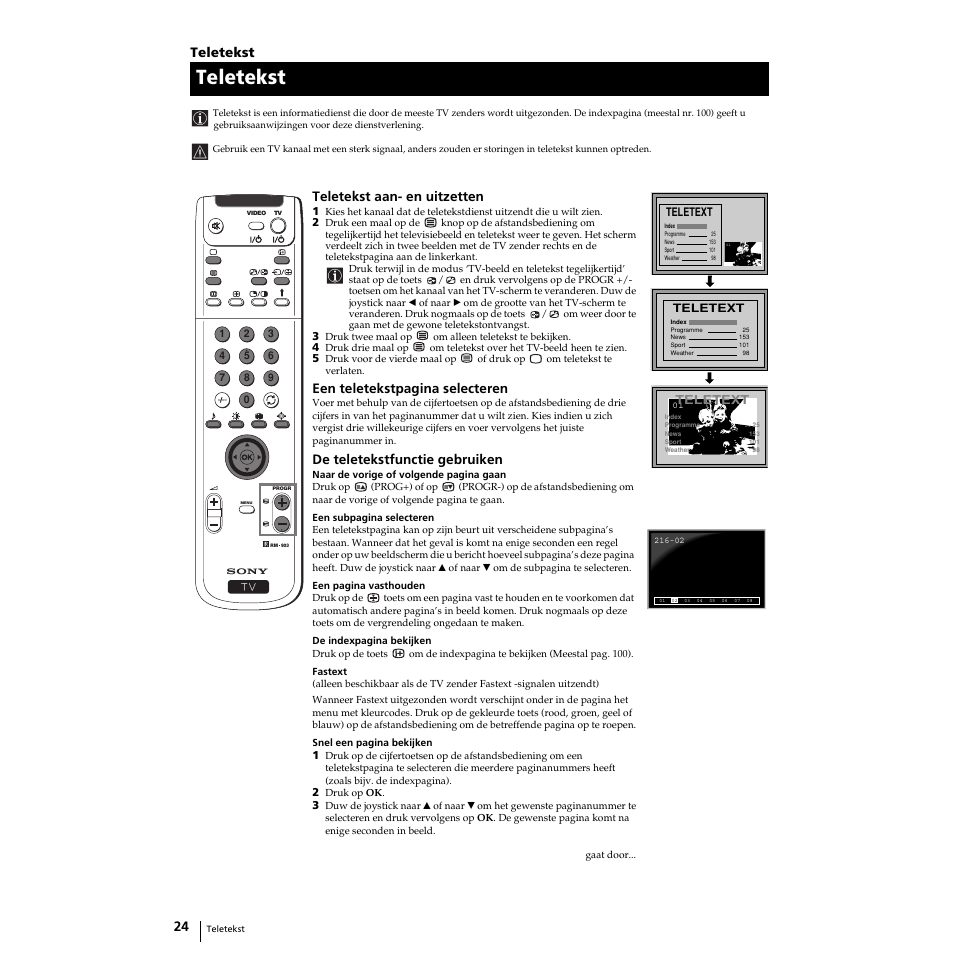 Teletekst, Teletekst aan- en uitzetten, Een teletekstpagina selecteren | De teletekstfunctie gebruiken | Sony KP-51PS2 User Manual | Page 156 / 229