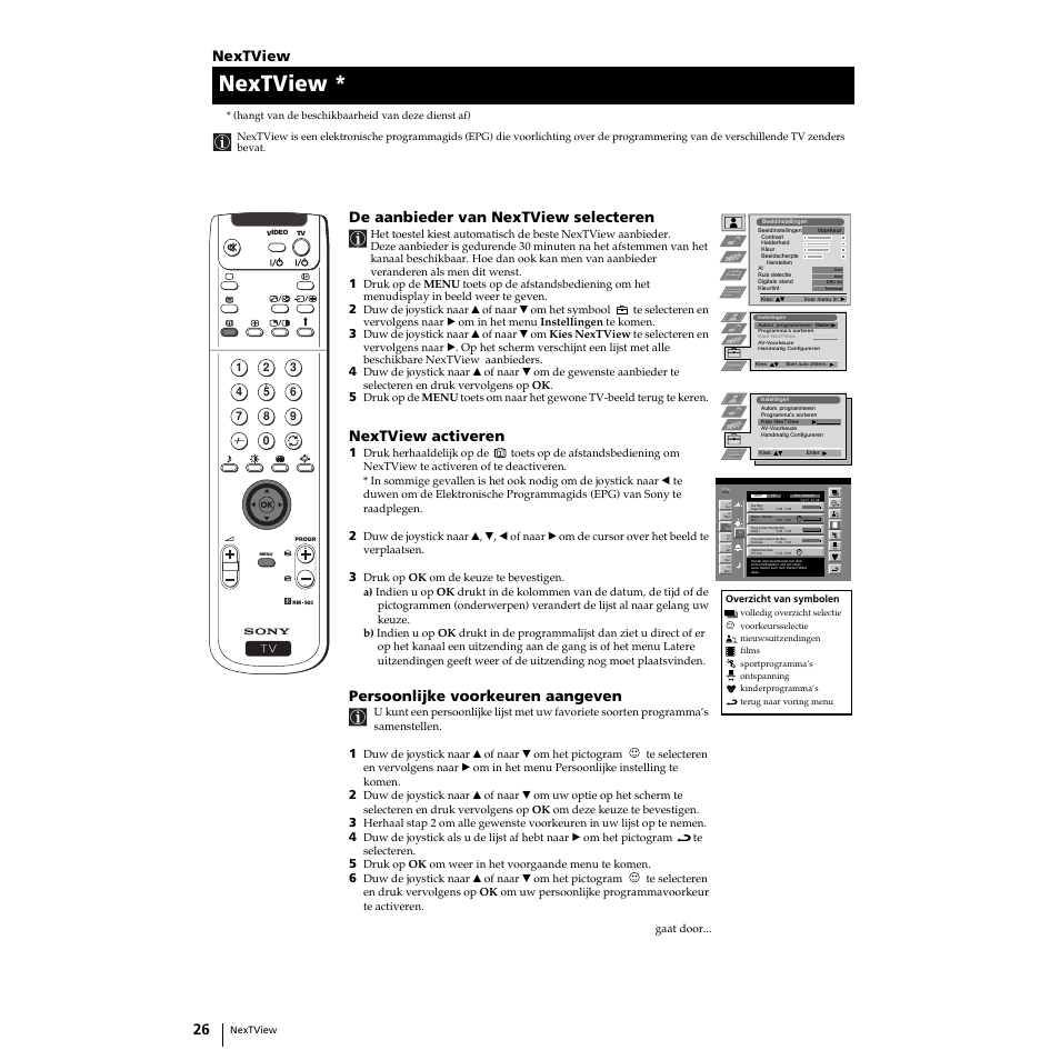 Nextview, De aanbieder van nextview selecteren, Nextview activeren | Persoonlijke voorkeuren aangeven | Sony KP-51PS2 User Manual | Page 158 / 229