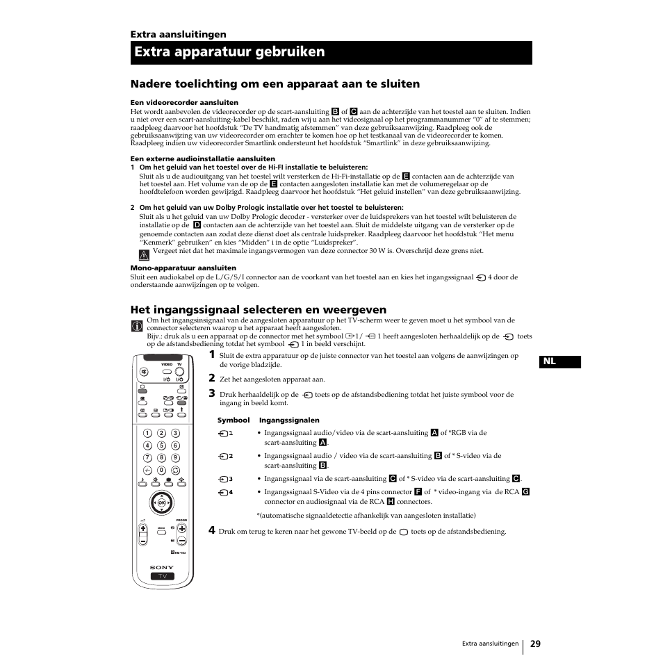 Extra apparatuur gebruiken, Nadere toelichting om een apparaat aan te sluiten, Het ingangssignaal selecteren en weergeven | Sony KP-51PS2 User Manual | Page 161 / 229