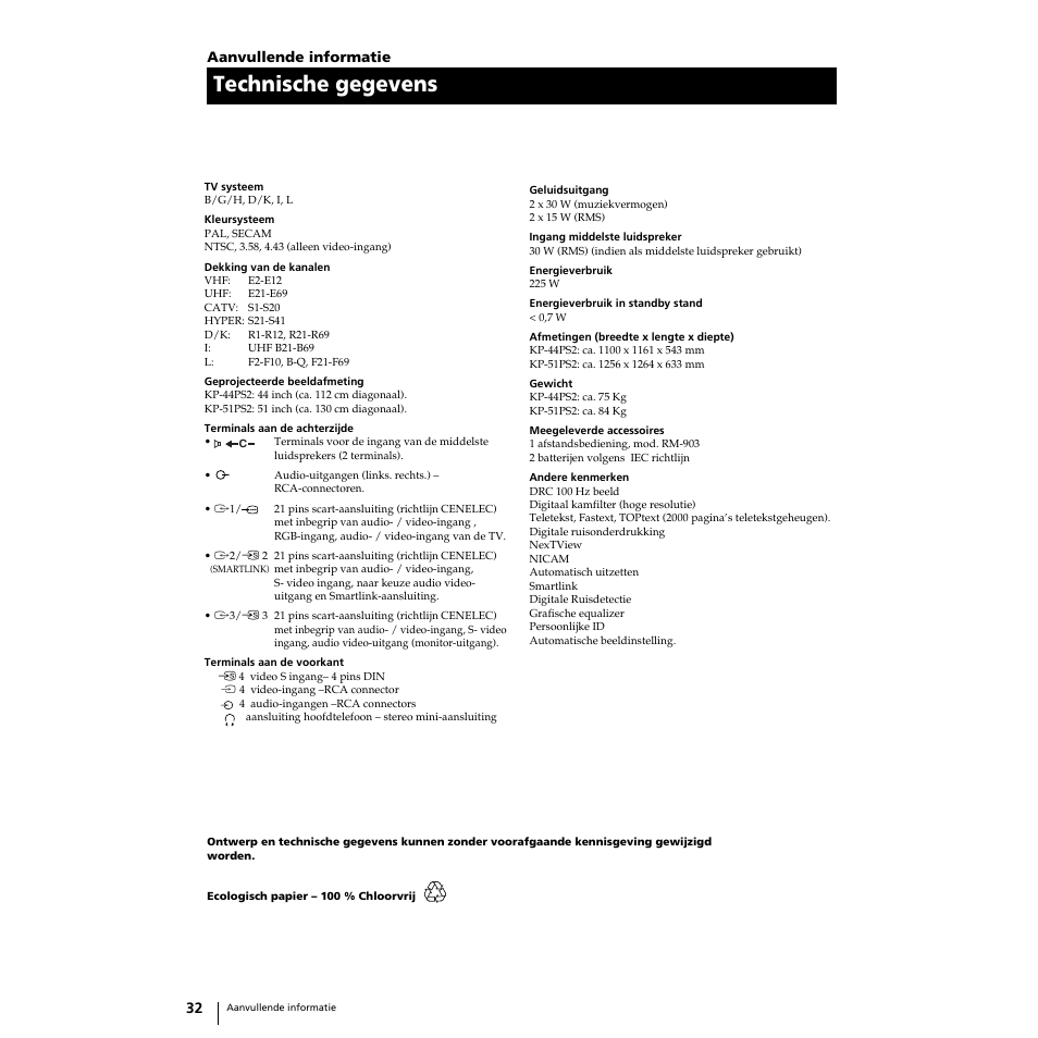 Technische gegevens | Sony KP-51PS2 User Manual | Page 164 / 229