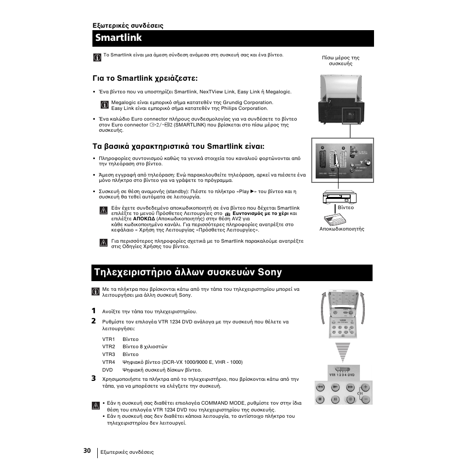 Smartlink, Τηλε ειριστήρι άλλων συσκευών sony, Για τ smartlink ρειά εστε | Τα ασικά αρακτηριστικά τ υ smartlink είναι | Sony KP-51PS2 User Manual | Page 194 / 229