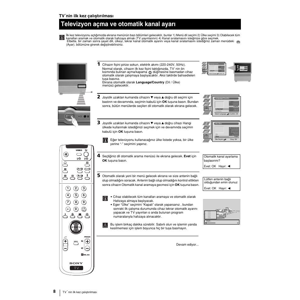 Televizyon açma ve otomatik kanal ayarw, 8tv´nin ilk kez çalwxtwrwlmasw | Sony KP-51PS2 User Manual | Page 204 / 229