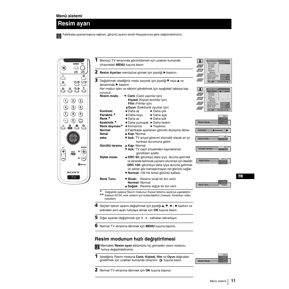 Resim ayarw, Resim modunun hwzlw deqixtirilmesi, 11 tr | Menü sistemi | Sony KP-51PS2 User Manual | Page 207 / 229