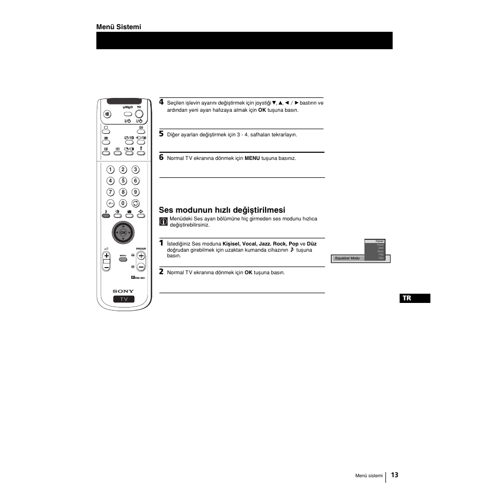 Ses modunun hwzlw deqixtirilmesi, 13 tr menü sistemi | Sony KP-51PS2 User Manual | Page 209 / 229