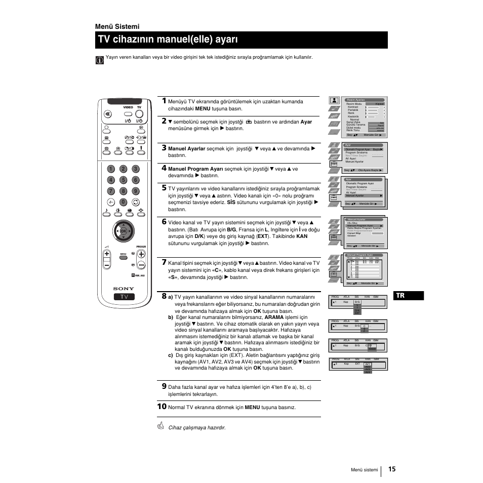 Tv cihazwnwn manuel(elle) ayarw, 15 tr, Menü sistemi | Sony KP-51PS2 User Manual | Page 211 / 229