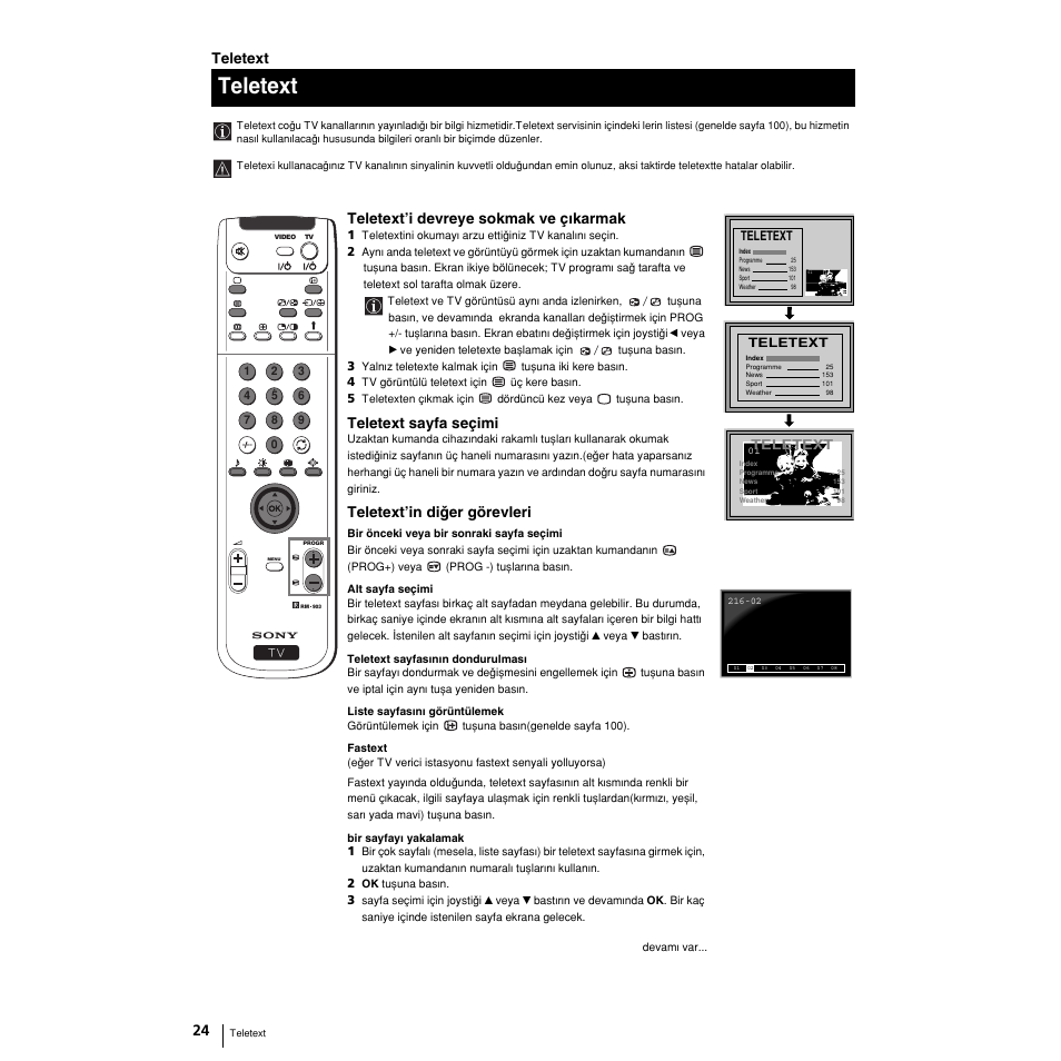 Teleteít, Teleteít’i devreye sokmak ve çwkarmak, Teleteít sayfa seçimi | Teleteít’in diqer görevleri | Sony KP-51PS2 User Manual | Page 220 / 229