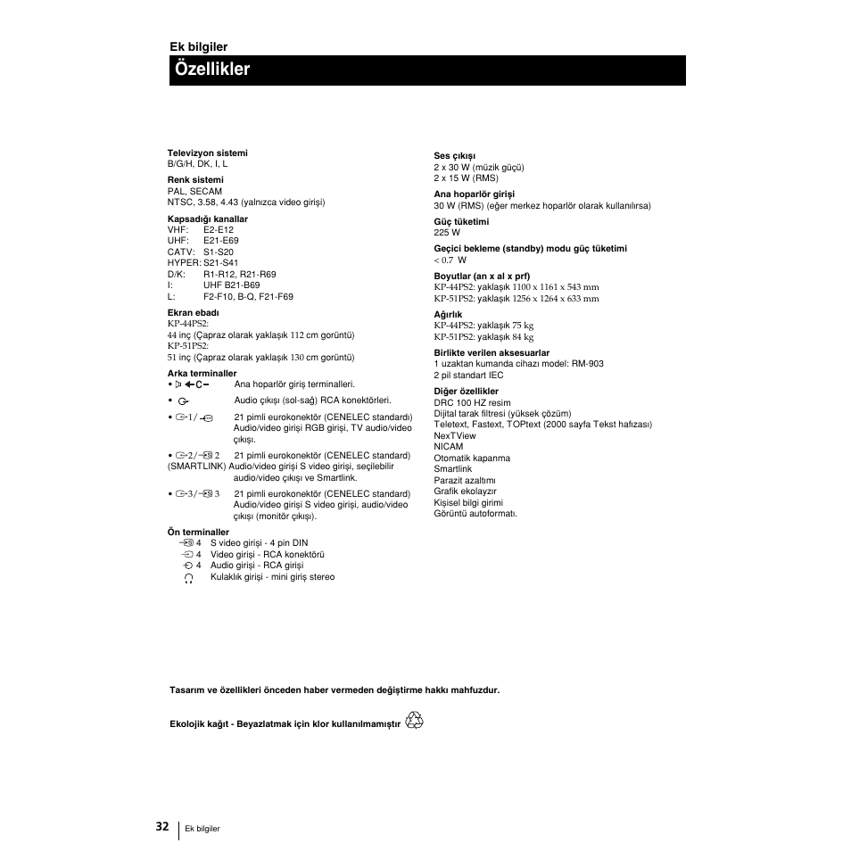 Özellikler | Sony KP-51PS2 User Manual | Page 228 / 229
