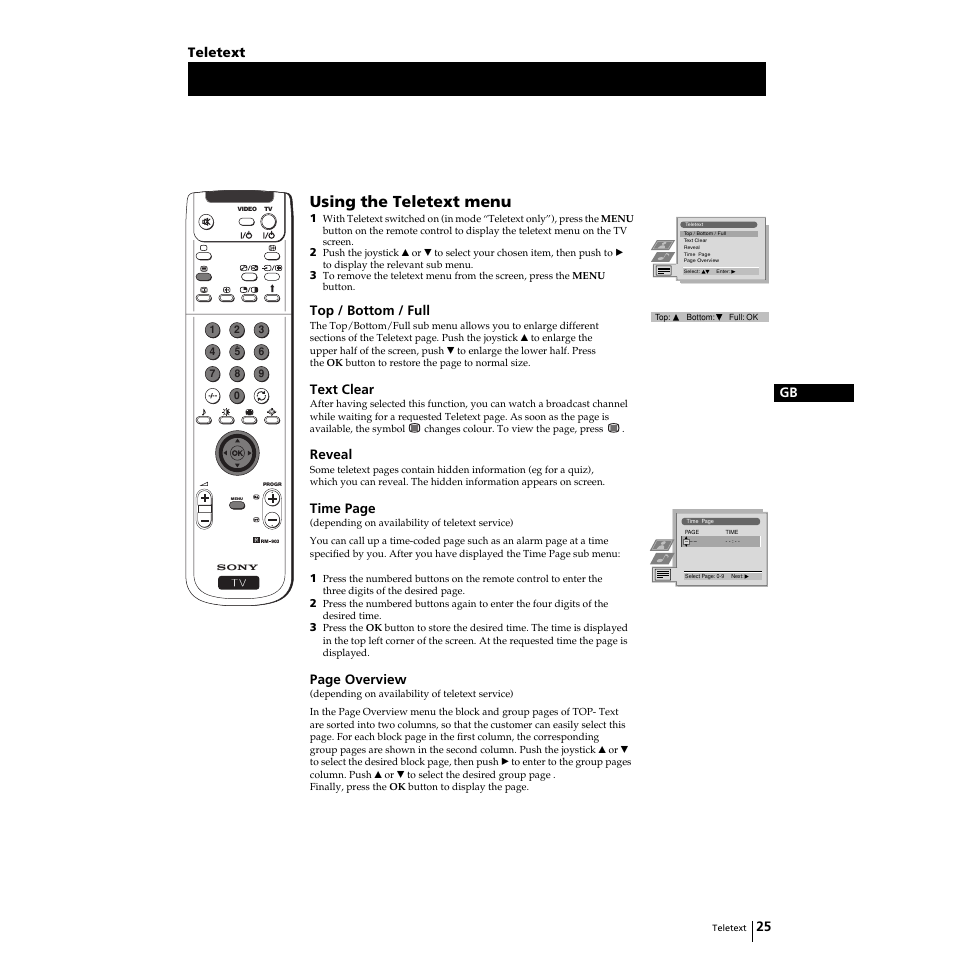 Using the teletext menu, 25 gb, Top / bottom / full | Text clear, Reveal, Time page, Page overview, Teletext | Sony KP-51PS2 User Manual | Page 25 / 229