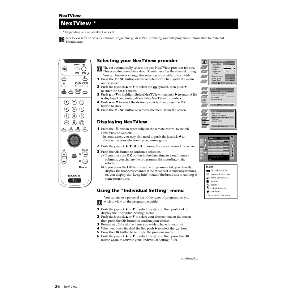 Selecting your nextview provider, Displaying nextview, Using the "individual setting" menu | Nextview | Sony KP-51PS2 User Manual | Page 26 / 229