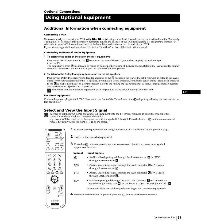 Using optional equipment, Additional information when connecting equipment, Select and view the input signal | Sony KP-51PS2 User Manual | Page 29 / 229