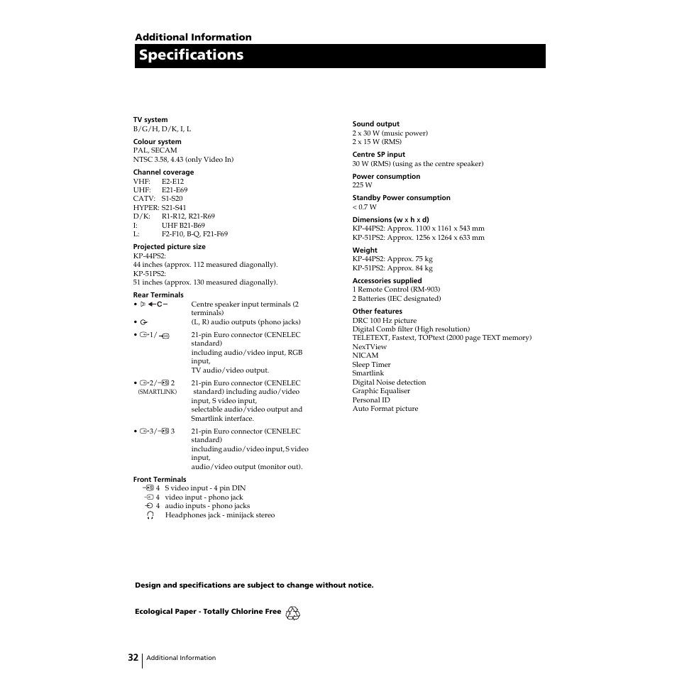 Specifications | Sony KP-51PS2 User Manual | Page 32 / 229