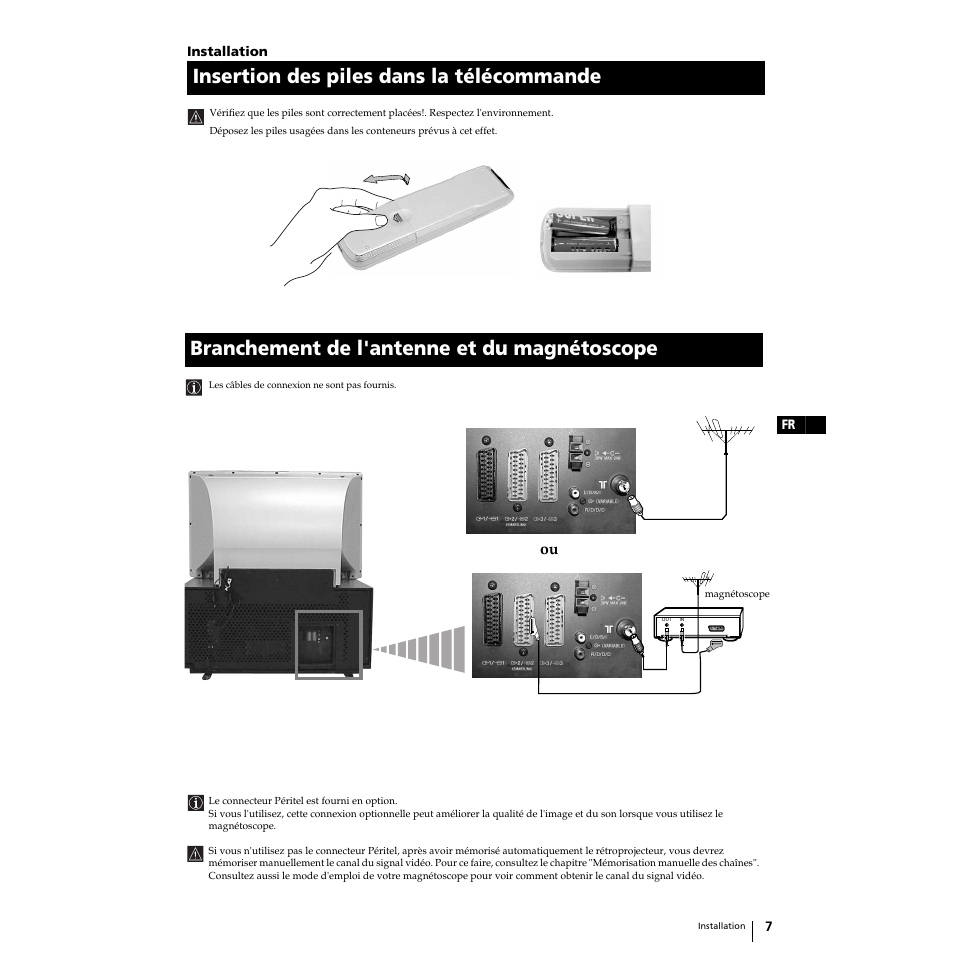 Insertion des piles dans la télécommande, Branchement de l'antenne et du magnétoscope | Sony KP-51PS2 User Manual | Page 39 / 229