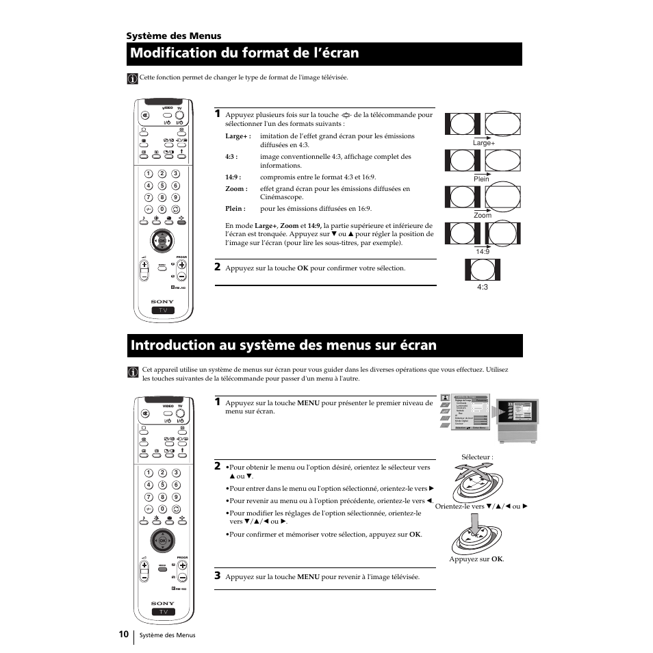 Modification du format de l’écran, Introduction au système des menus sur écran, Système des menus | Sony KP-51PS2 User Manual | Page 42 / 229