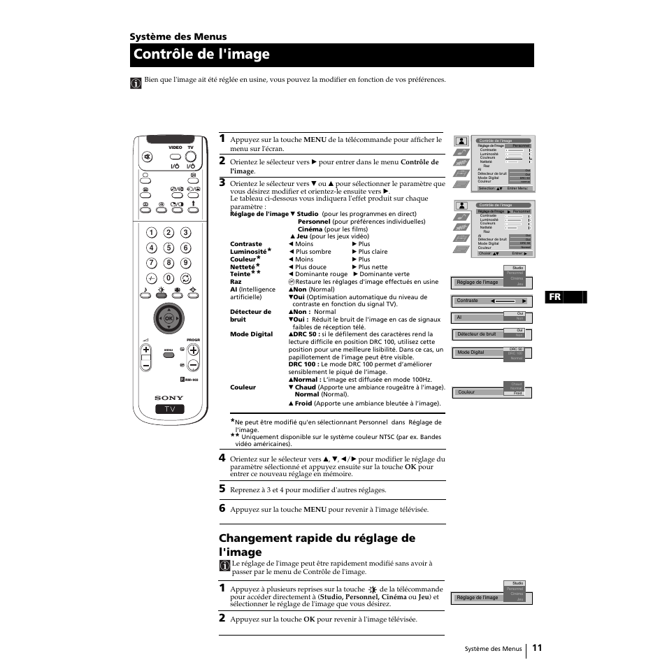 Contrôle de l'image, Changement rapide du réglage de l'image, 11 fr | Système des menus | Sony KP-51PS2 User Manual | Page 43 / 229