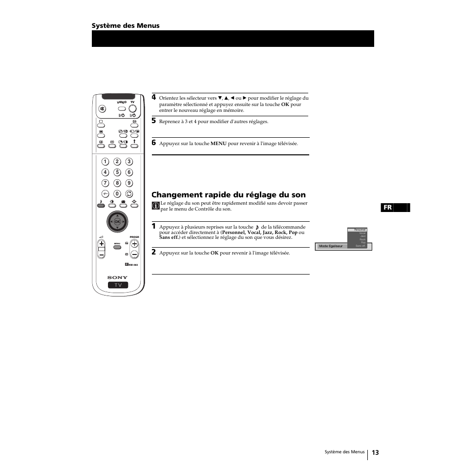 Changement rapide du réglage du son, 13 fr système des menus | Sony KP-51PS2 User Manual | Page 45 / 229