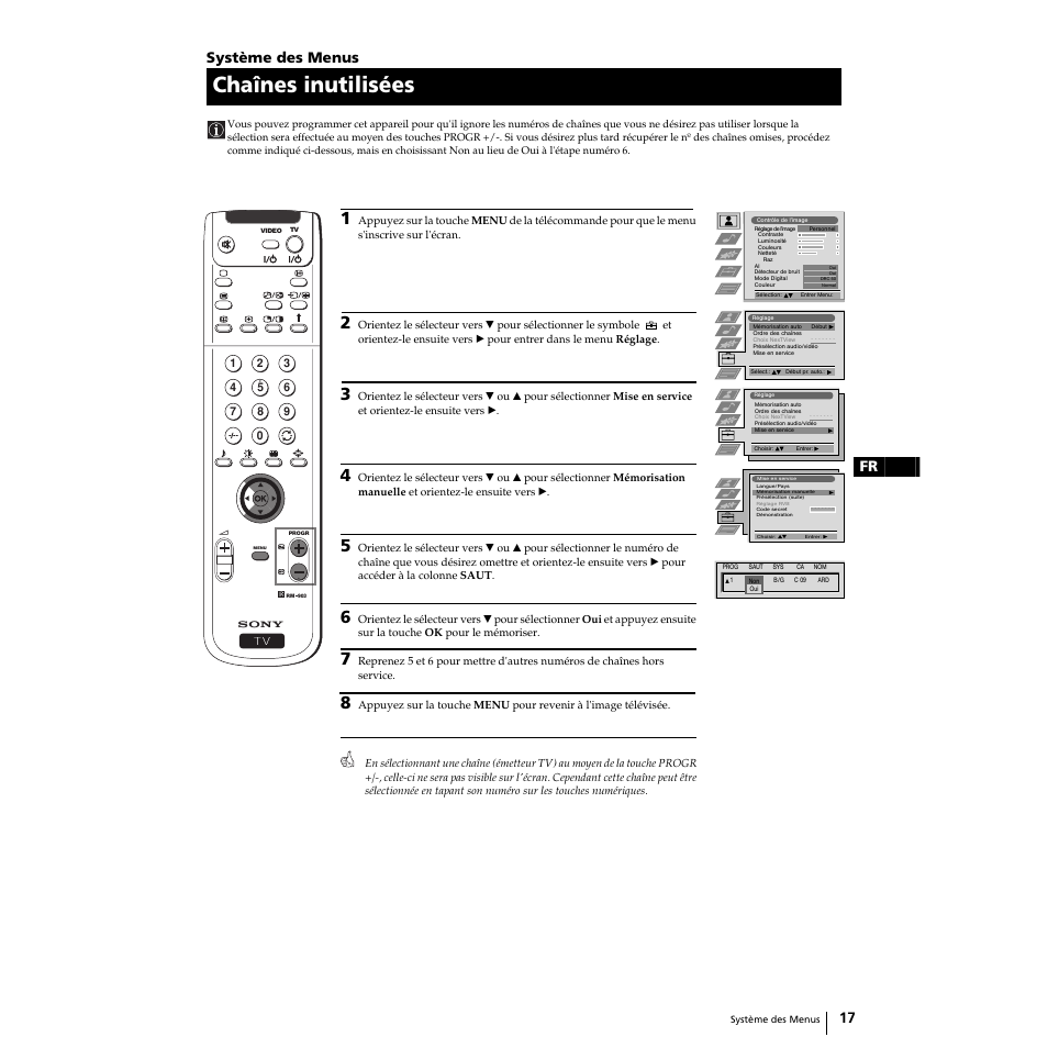 Chaînes inutilisées, 17 fr, Système des menus | Sony KP-51PS2 User Manual | Page 49 / 229