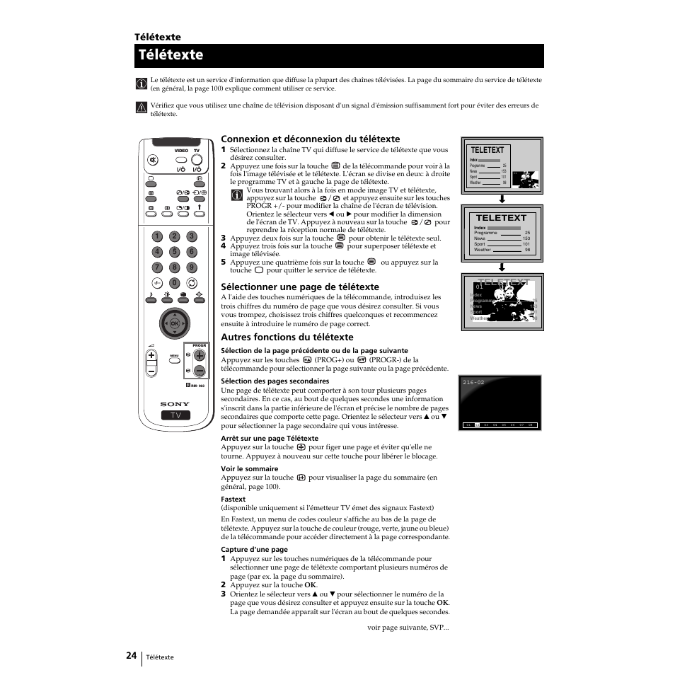 Télétexte, Connexion et déconnexion du télétexte, Sélectionner une page de télétexte | Autres fonctions du télétexte | Sony KP-51PS2 User Manual | Page 56 / 229