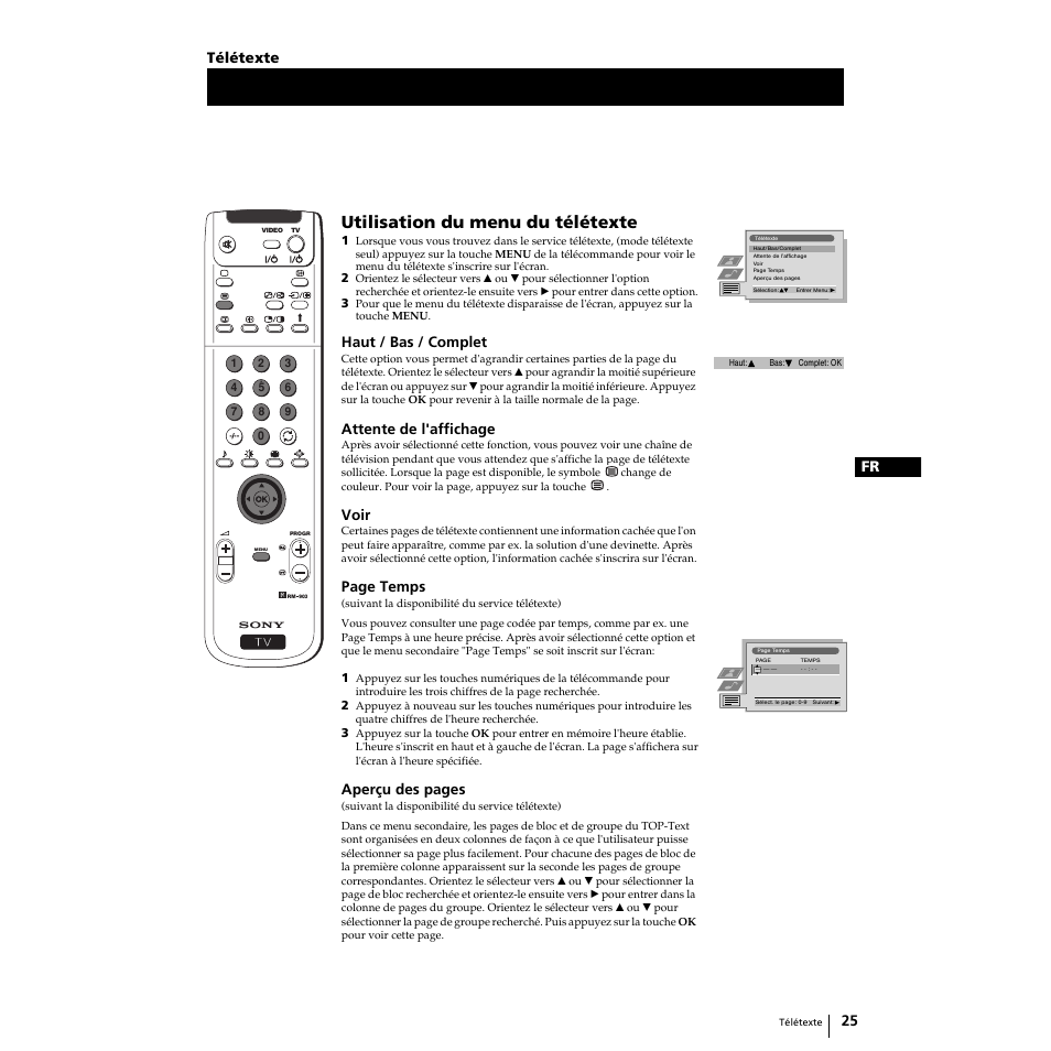 Utilisation du menu du télétexte, 25 fr, Haut / bas / complet | Attente de l'affichage, Voir, Page temps, Aperçu des pages, Télétexte | Sony KP-51PS2 User Manual | Page 57 / 229
