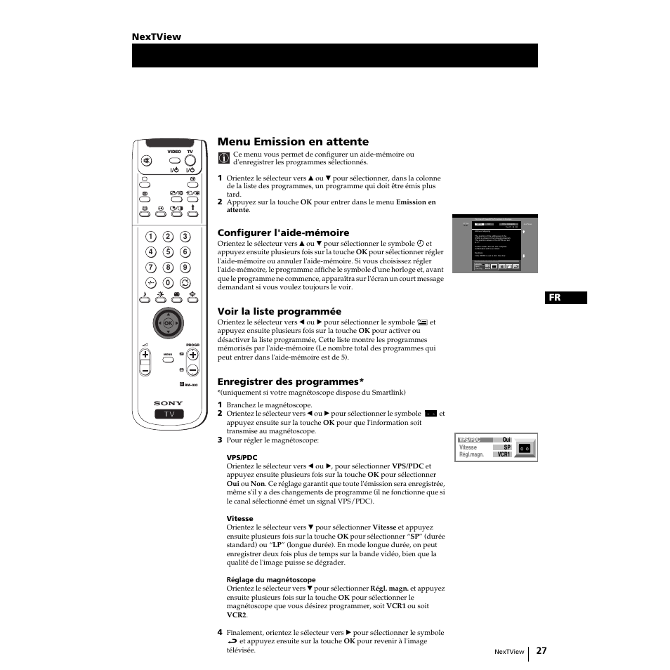 Menu emission en attente, 27 fr, Configurer l'aide-mémoire | Voir la liste programmée, Enregistrer des programmes, Nextview | Sony KP-51PS2 User Manual | Page 59 / 229