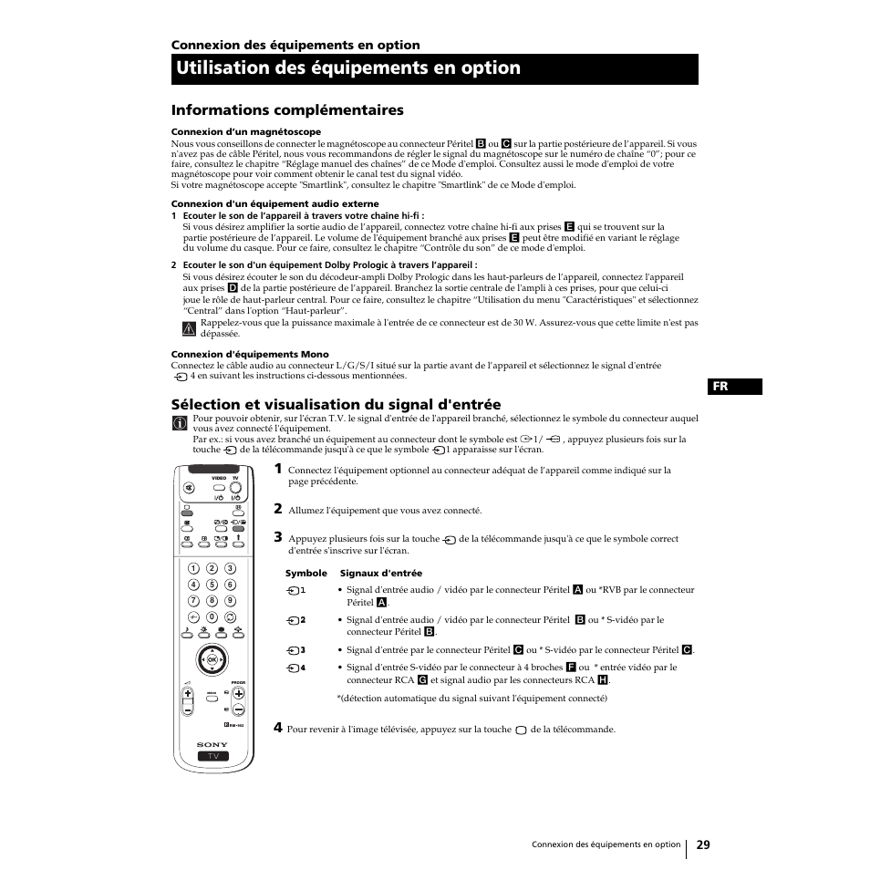 Utilisation des équipements en option, Informations complémentaires, Sélection et visualisation du signal d'entrée | Sony KP-51PS2 User Manual | Page 61 / 229