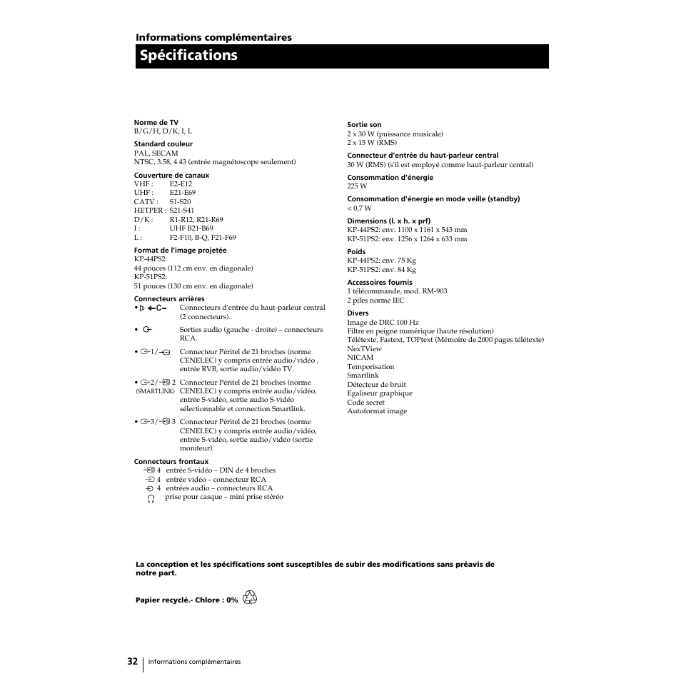 Spécifications | Sony KP-51PS2 User Manual | Page 64 / 229