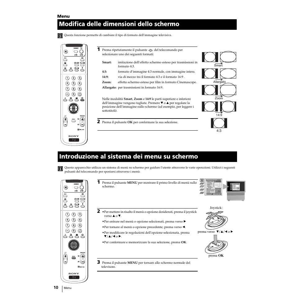 Modifica delle dimensioni dello schermo, Introduzione al sistema dei menu su schermo, Menu | Sony KP-51PS2 User Manual | Page 78 / 229