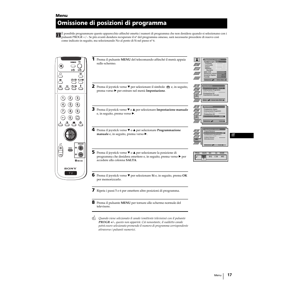 Omissione di posizioni di programma, 17 it, Menu | Sony KP-51PS2 User Manual | Page 85 / 229