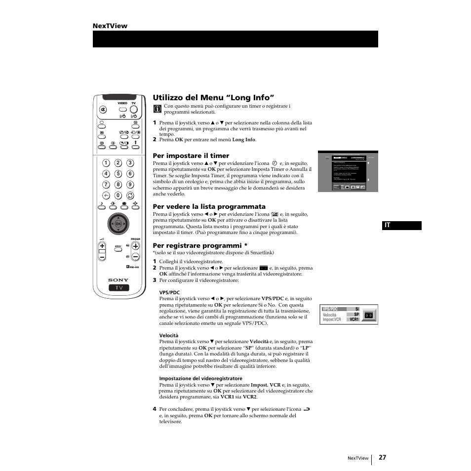 Utilizzo del menu “long info, 27 it, Per impostare il timer | Per vedere la lista programmata, Per registrare programmi, Nextview | Sony KP-51PS2 User Manual | Page 95 / 229