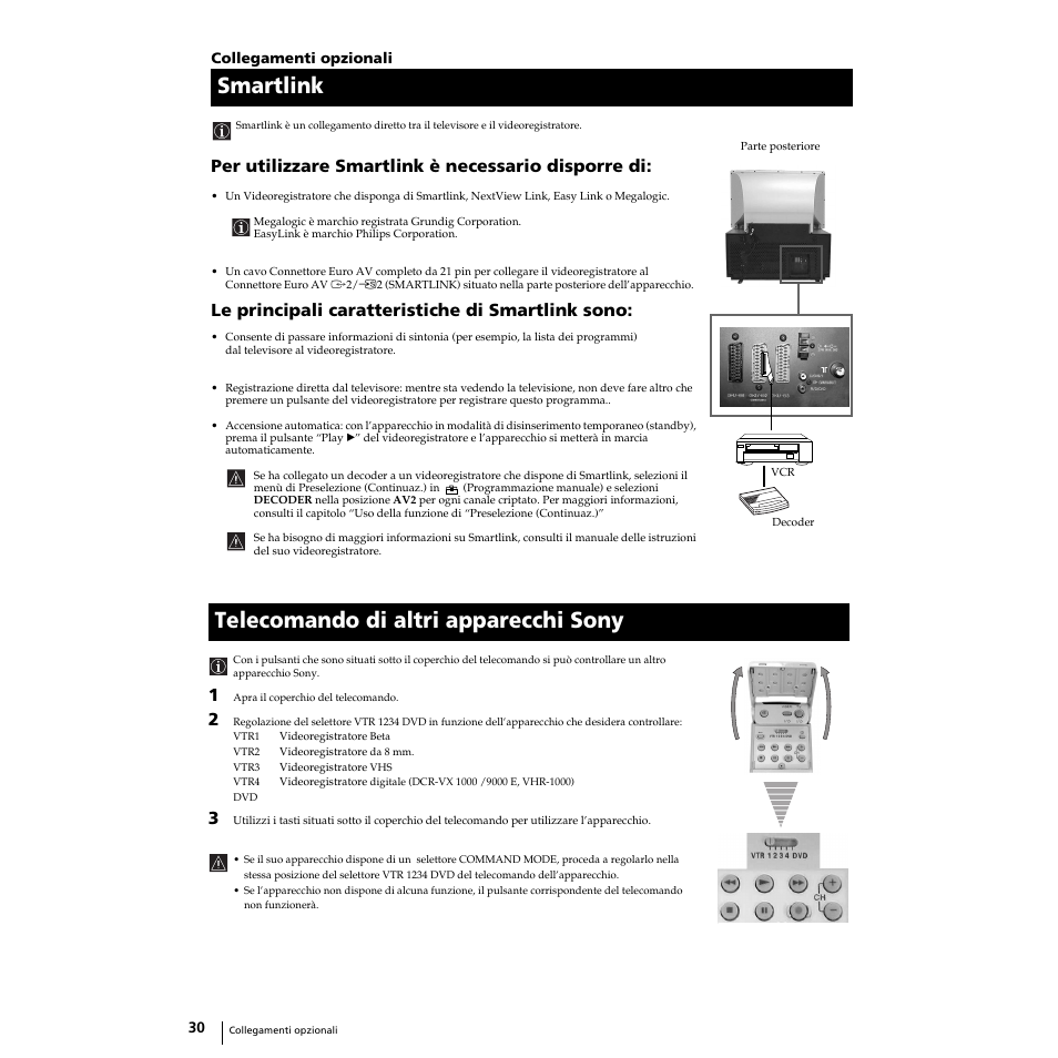 Smartlink, Telecomando di altri apparecchi sony, Per utilizzare smartlink è necessario disporre di | Le principali caratteristiche di smartlink sono | Sony KP-51PS2 User Manual | Page 98 / 229