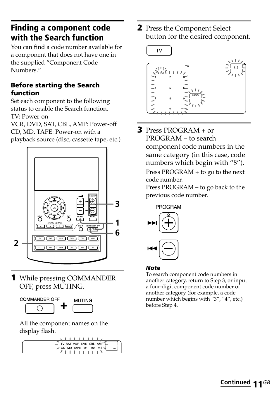 Finding a component code with the search function, While pressing commander off, press muting, Before starting the search function | All the component names on the display flash, Continued | Sony RM-AV2500T User Manual | Page 11 / 140