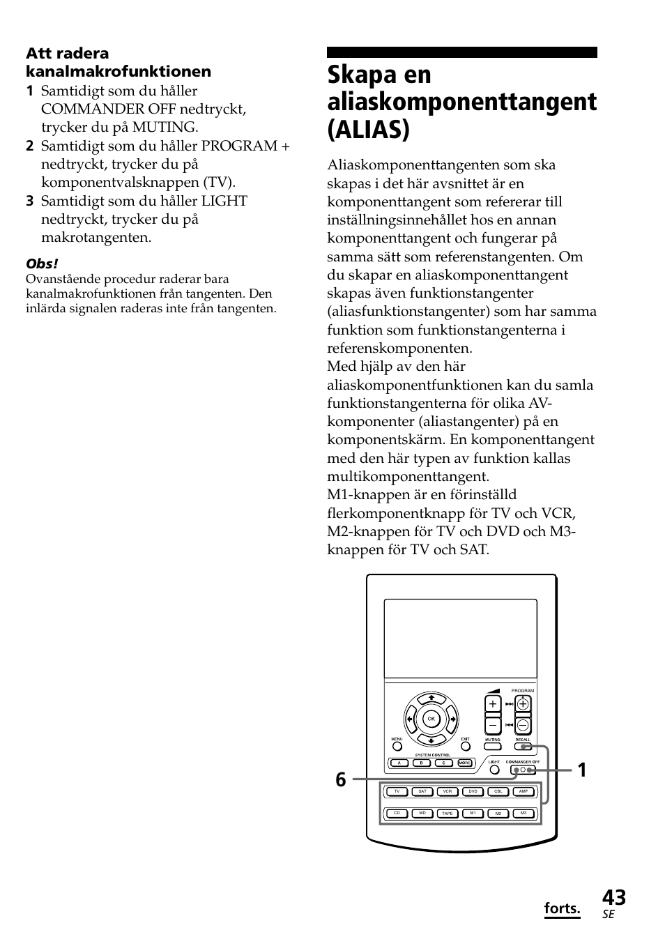 Skapa en aliaskomponenttangent (alias), Att radera kanalmakrofunktionen, Forts | Sony RM-AV2500T User Manual | Page 111 / 140