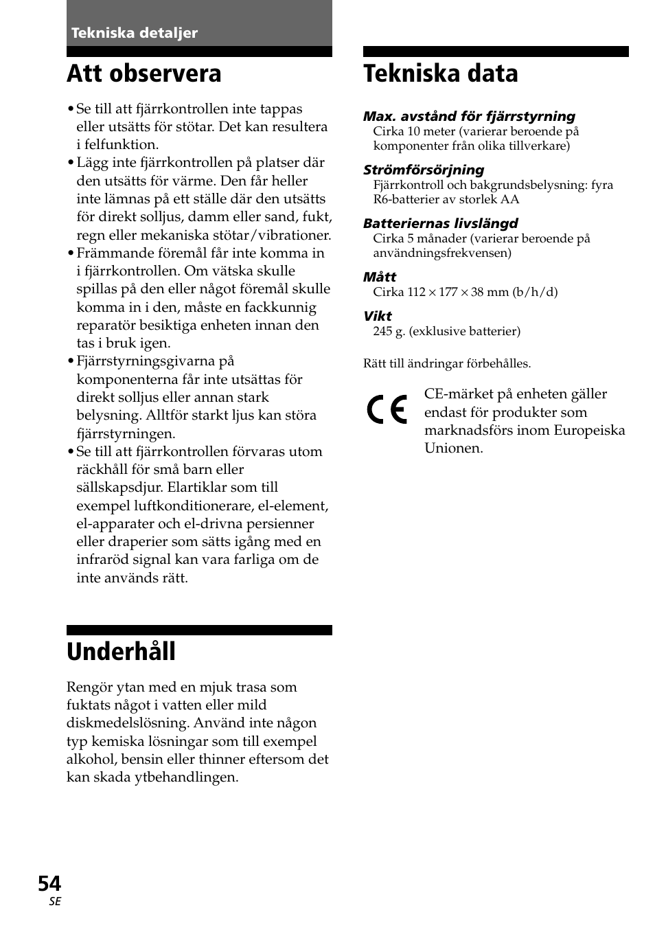 Tekniska detaljer, Att observera, Underhåll | Tekniska data | Sony RM-AV2500T User Manual | Page 122 / 140
