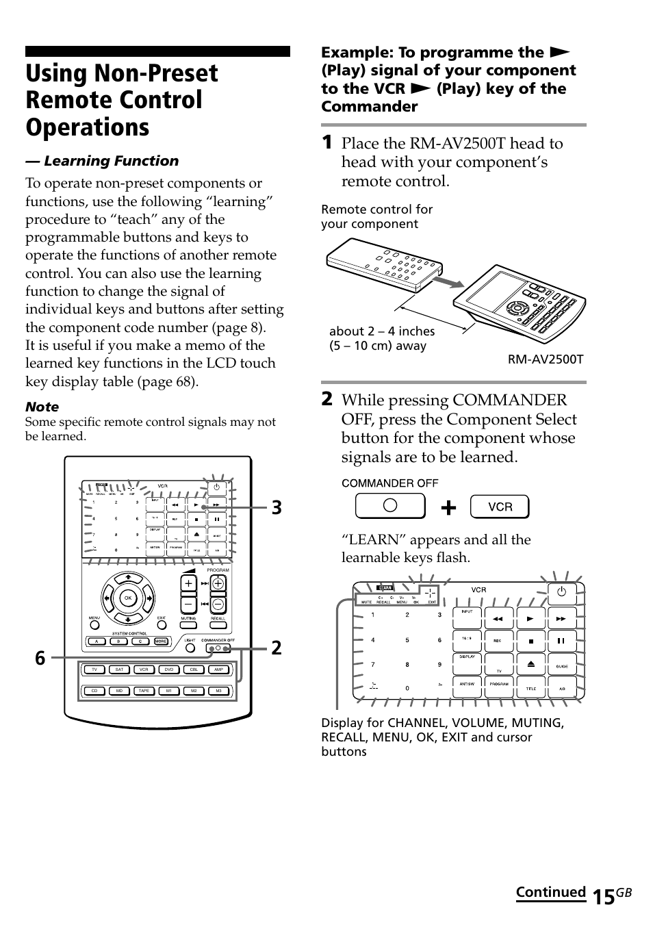 Using non-preset remote control operations, Learn” appears and all the learnable keys flash, Continued | Sony RM-AV2500T User Manual | Page 15 / 140