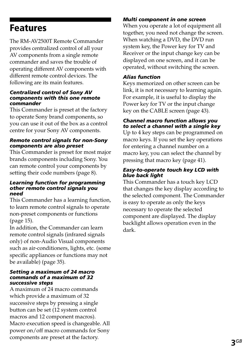 Features | Sony RM-AV2500T User Manual | Page 3 / 140